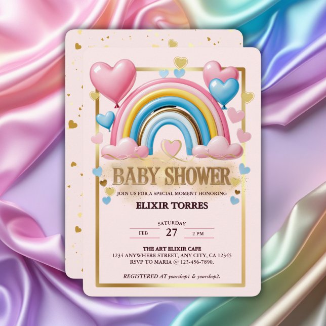 Invitación Purpurina de oro Pastel Hearts y Rainbow Baby Show (Subido por el creador)