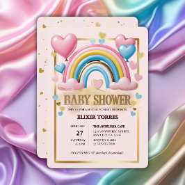 Invitación Purpurina de oro Pastel Hearts y Rainbow Baby Show