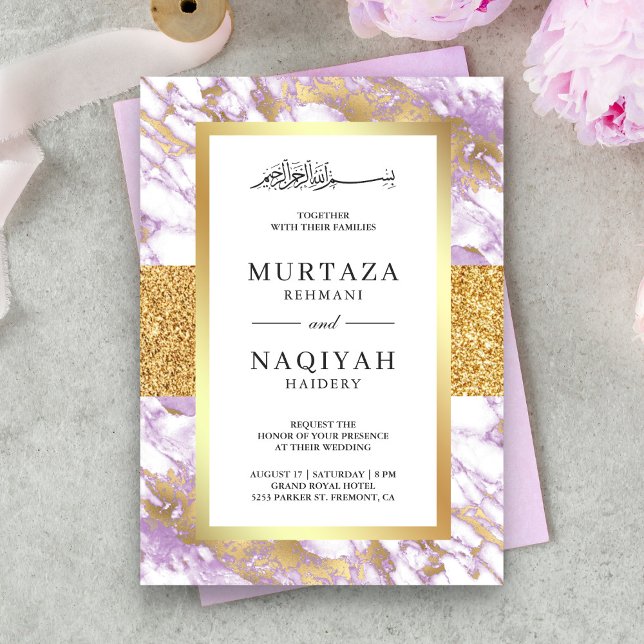 Invitación Purpurina de oro Pastel Lavender Mármol Boda musul (Subido por el creador)