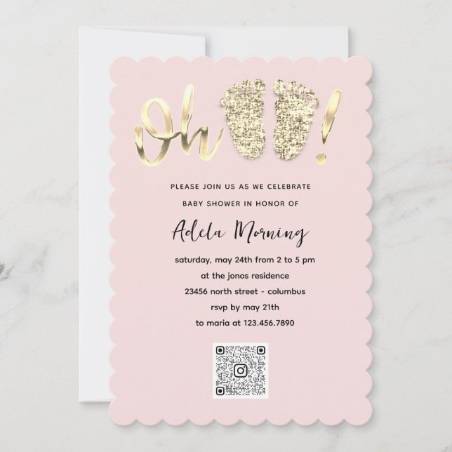 Invitación Purpurina de oro Pies Bebé Chica Chica QR CÓDIGO P (Anverso)