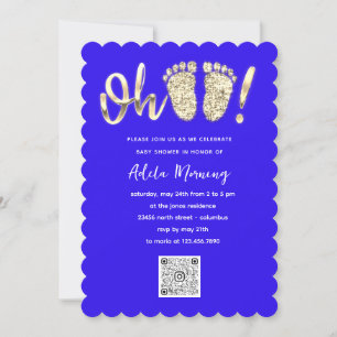Invitación Purpurina de oro Pies bebé QR CÓDIGO Azul real