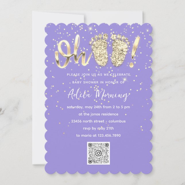 Invitación Purpurina de oro Pies de Confetti Niña QRCODE Púrp (Anverso)