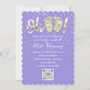 Invitación Purpurina de oro Pies de Confetti Niña QRCODE Púrp