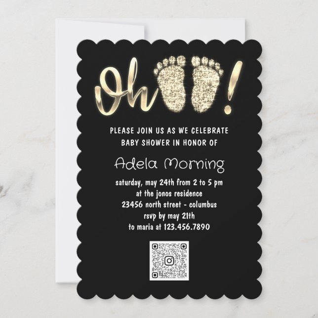 Invitación Purpurina de oro Pies Niña Niño QR CÓDIGO Negro (Anverso)