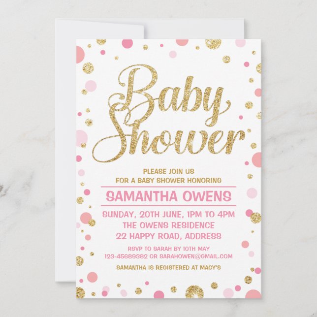 Invitación Purpurina de oro polka punto Baby Girl Shower Invi (Anverso)