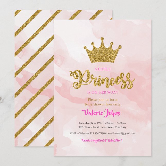 Invitación Purpurina de oro Princesa Baby Shower (Anverso / Reverso)