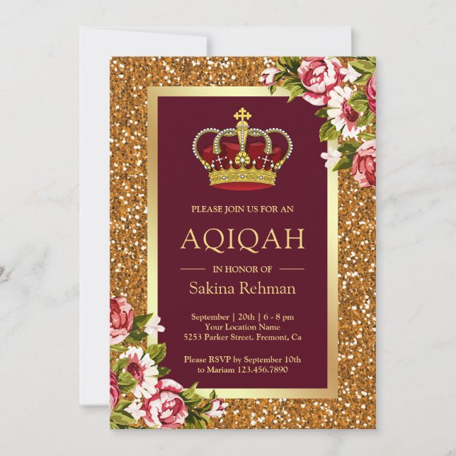 Invitación Purpurina de oro Princesa Borgoña Floral Aqiqah (Anverso)