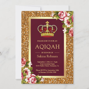 Invitación Purpurina de oro Princesa Borgoña Floral Aqiqah