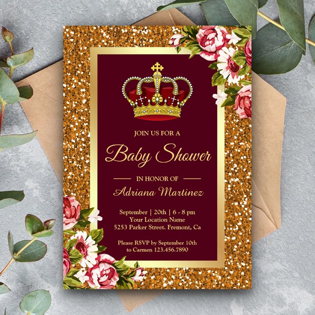 Invitación Purpurina de oro Princesa Borgoña Floral Baby Show (Subido por el creador)