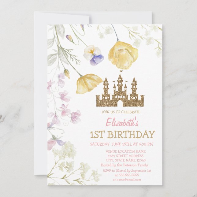 Invitación Purpurina de oro Princess Castle Wildflowers Cumpl (Anverso)