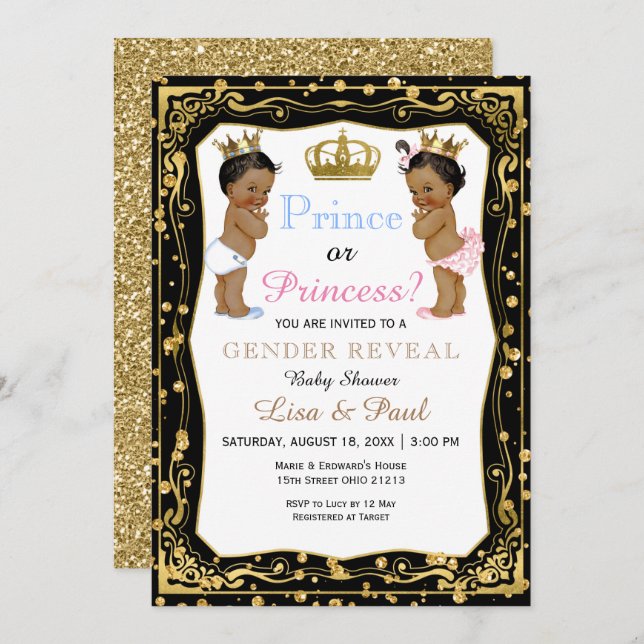 Invitación Purpurina de oro Príncipe o Princesa Revelación de (Anverso / Reverso)