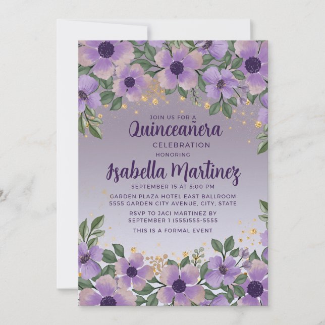 Invitación Purpurina de oro Purple Amethyst Lavender Quinceañ (Anverso)