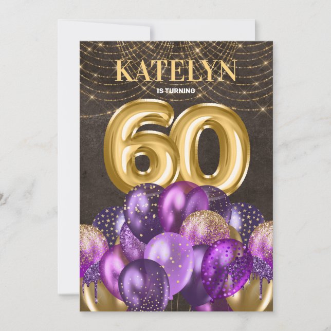 Invitación Purpurina de oro Purple Balones 60 cumpleaños (Anverso)