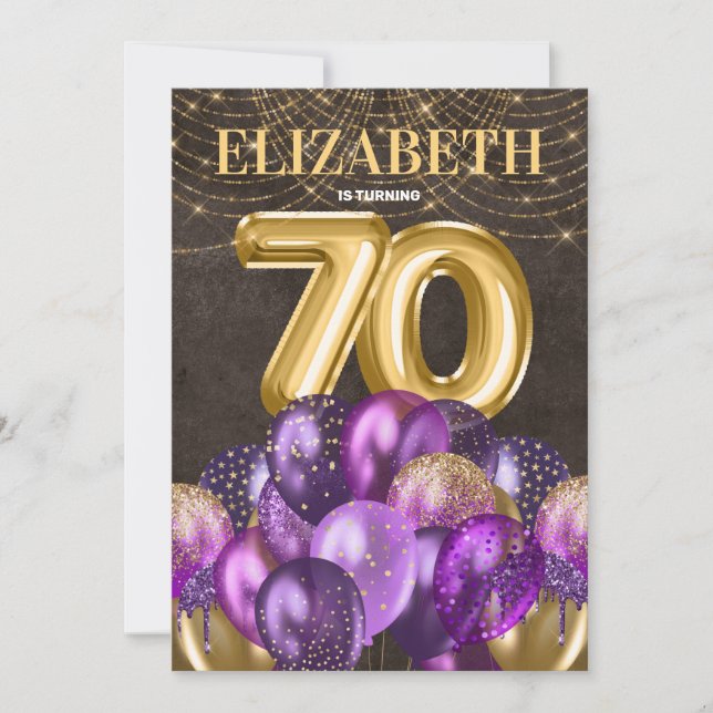 Invitación Purpurina de oro Purple Balones 70 cumpleaños (Anverso)