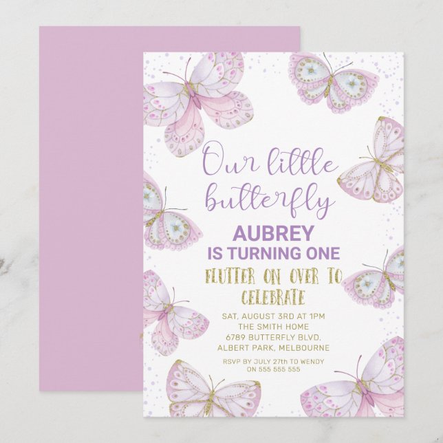 Invitación Purpurina de oro Purple Gold Butterflies Primer cu (Anverso / Reverso)
