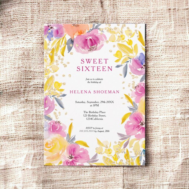 Invitación Purpurina de oro púrpura bohemio foto de flores Sw (Bohemian purple gold glitter floral photo Sweet 16 Invitation)