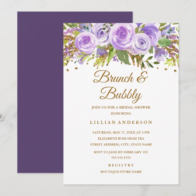 Invitación Purpurina De Oro Púrpura Brunch De Rosa Floral Y B (Anverso / Reverso)
