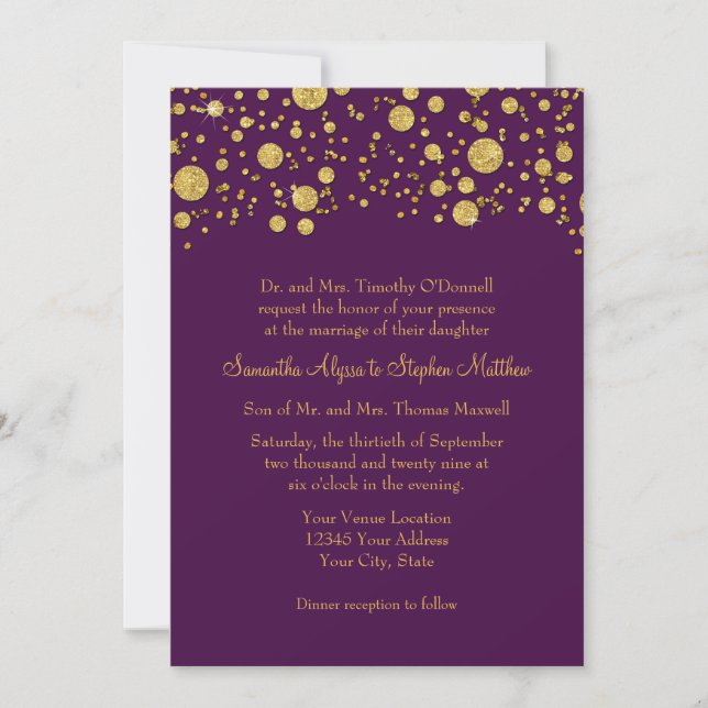 Invitación Purpurina de oro púrpura moderno elegante matrimon (Anverso)