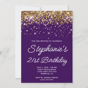 Invitación Purpurina de oro Púrpura Oscura Cumpleaños 21