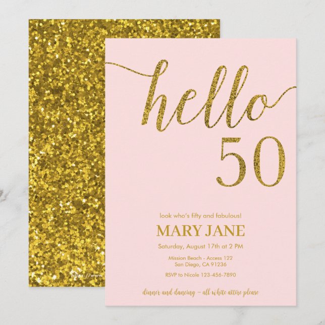 Invitación Purpurina de Oro Quincuagésimo Cumpleaños Hola 50  (Anverso / Reverso)