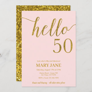 Invitación Purpurina de Oro Quincuagésimo Cumpleaños Hola 50
