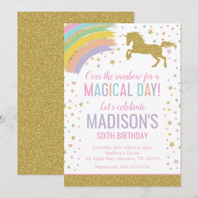 Invitación Purpurina de oro Rainbow de la fiesta de cumpleaño (Anverso / Reverso)