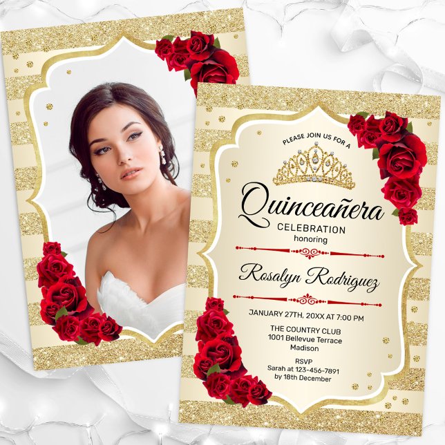 Invitación Purpurina de oro Red Quinceanera (Subido por el creador)