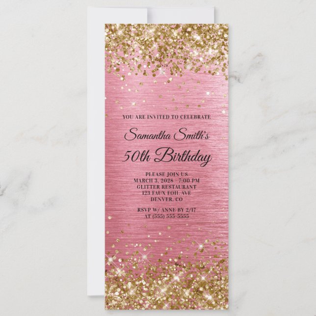 Invitación Purpurina de oro Relieve metalizado Pincel rosa 50 (Anverso)