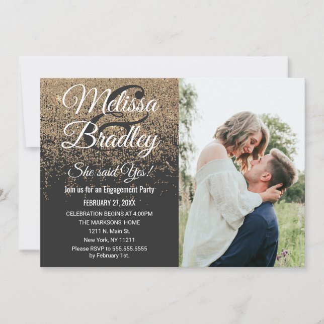 Invitación Purpurina de oro respira compromiso negro (Anverso)