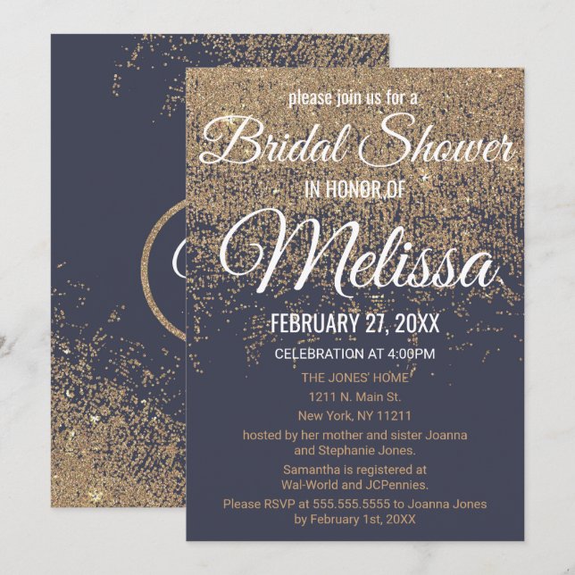 Invitación Purpurina de oro respira ducha azul de novia de la (Anverso / Reverso)