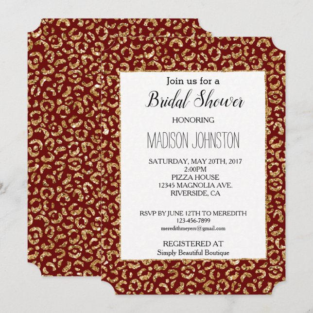 Invitación Purpurina de oro rojo leopardo animal (Anverso / Reverso)