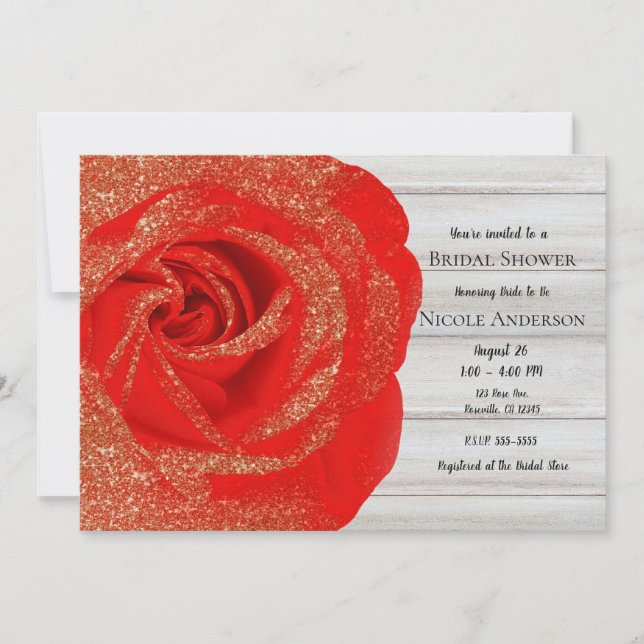 Invitación Purpurina de oro rojo Rosa de madera blanca Shabby (Anverso)