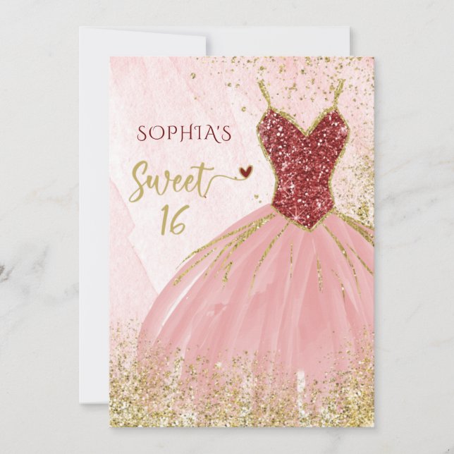 Invitación Purpurina de oro rojo Sparkle Vestido dulce de 16  (Anverso)