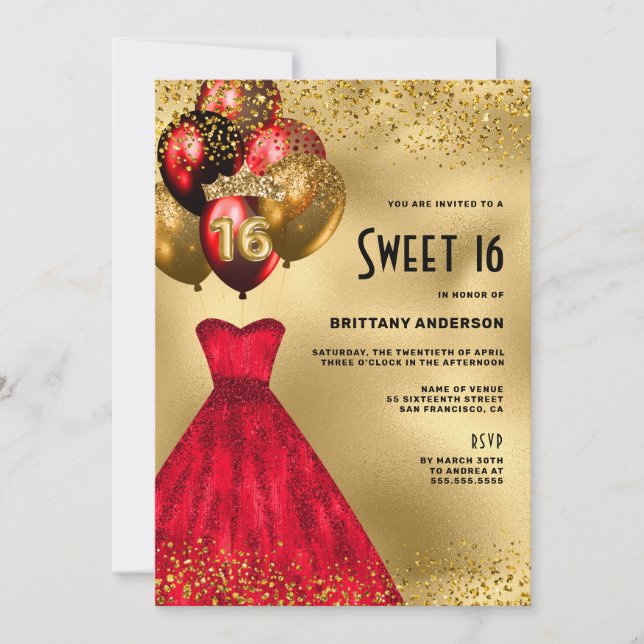 Invitación Purpurina de oro rojo Tiara Vestido dulce 16 cumpl (Anverso)