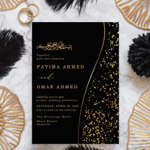 Invitación Purpurina de oro romántico negro Boda musulmana is