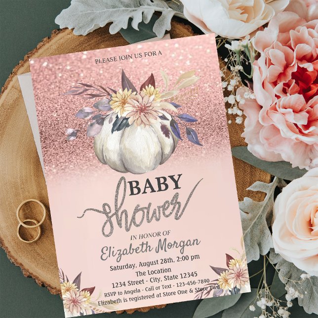 Invitación Purpurina de oro Rosa, Baby Shower de calabaza flo (Subido por el creador)