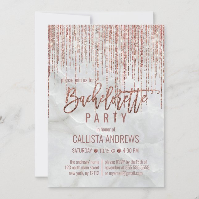 Invitación Purpurina de oro rosa blanco Pearl Marble Bachelor (Anverso)