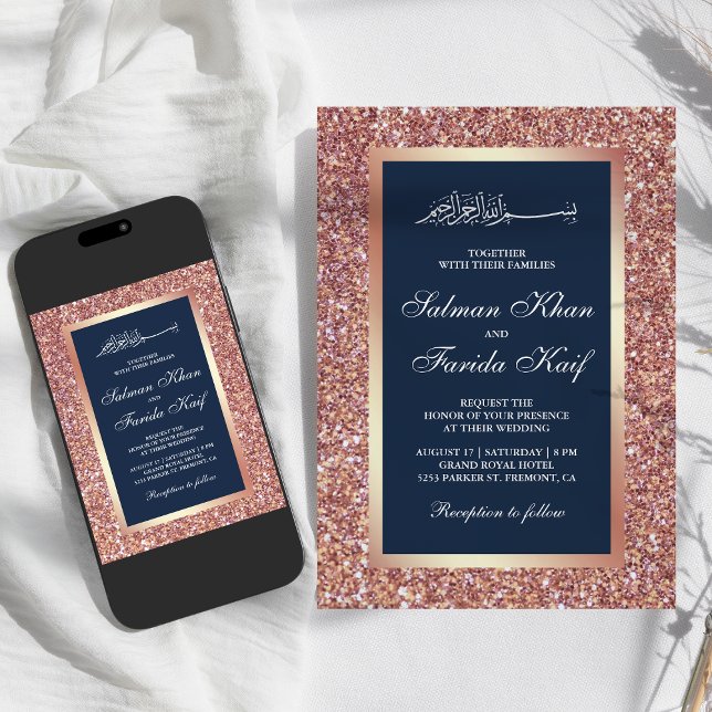 Invitación Purpurina de oro Rosa Boda musulmán azul islámico (Subido por el creador)