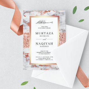 Invitación Purpurina de oro Rosa Boda musulmana de mármol bla