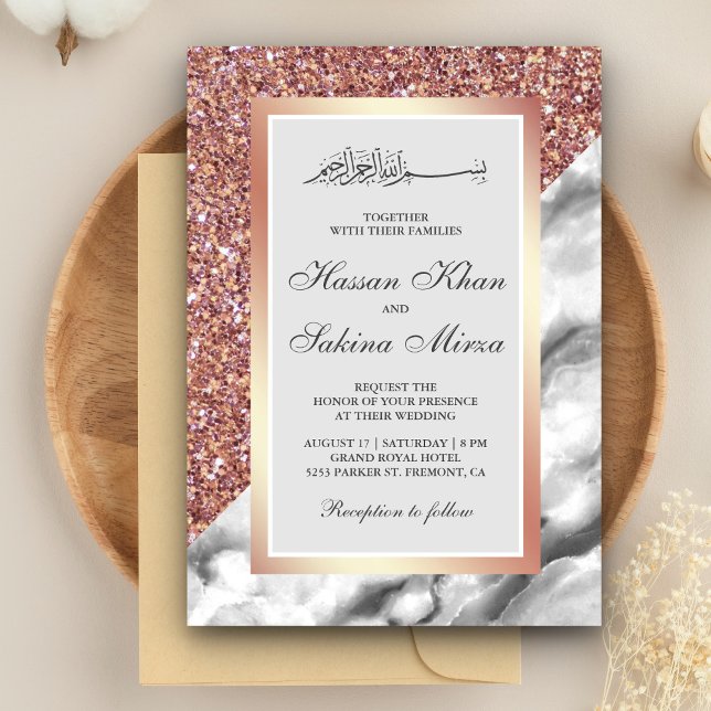 Invitación Purpurina de oro Rosa Boda musulmana de mármol bla (Subido por el creador)