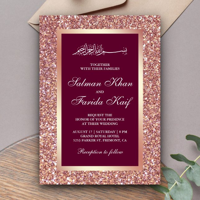 Invitación Purpurina de oro Rosa Boda musulmana rosa islámica (Subido por el creador)