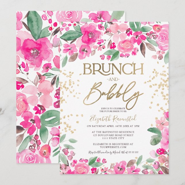 Invitación purpurina de oro rosa bonito moda floral ducha de  (Anverso / Reverso)