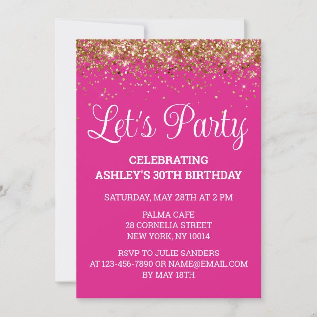 Invitación Purpurina de oro rosa brillante 30 cumpleaños, Fie (Anverso)