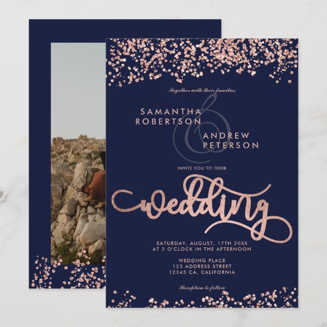 Invitación purpurina de oro Rosa confetti boda azul marino (Anverso / Reverso)