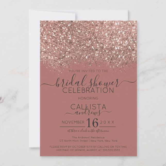 Invitación Purpurina de oro rosa  Confetti Bridal (Anverso)