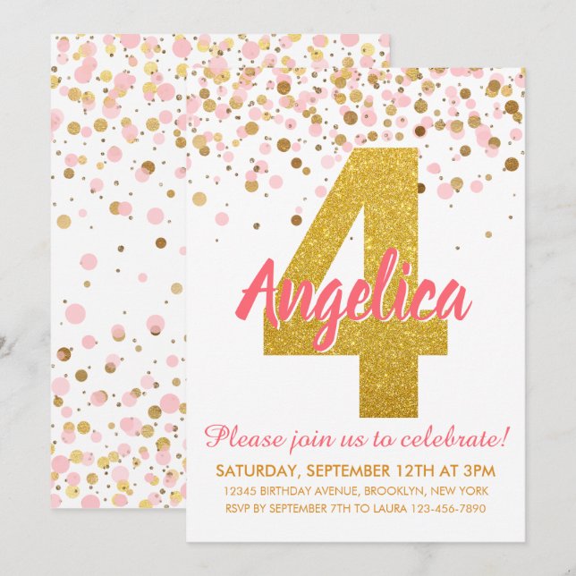 Invitación Purpurina de Oro Rosa Confetti Chica Cuarto Cumple (Anverso / Reverso)
