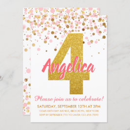 Invitación Purpurina de Oro Rosa Confetti Chica Cuarto Cumple