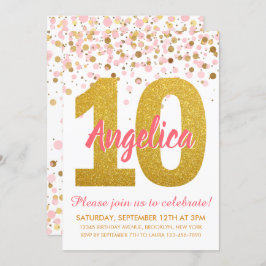 Invitación Purpurina de Oro Rosa Confetti Chica Décimo Cumple