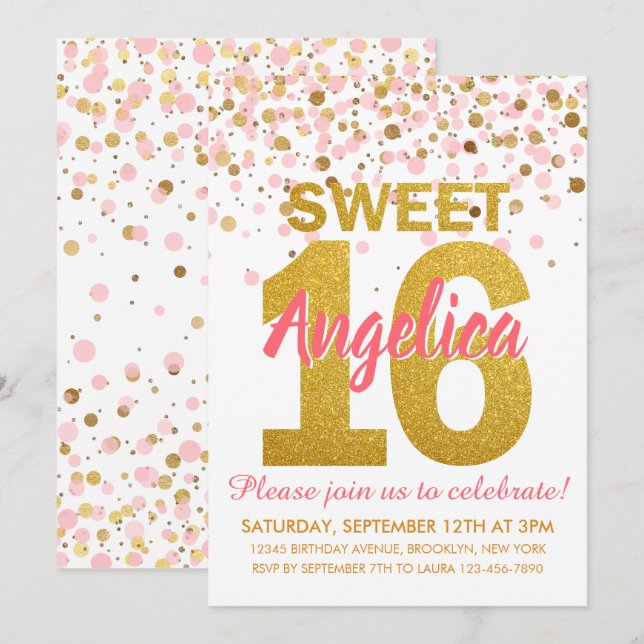 Invitación Purpurina de oro rosa Confetti Chica Dulce 16 Cump (Anverso / Reverso)