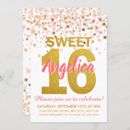 Invitación Purpurina de oro rosa Confetti Chica Dulce 16 Cump